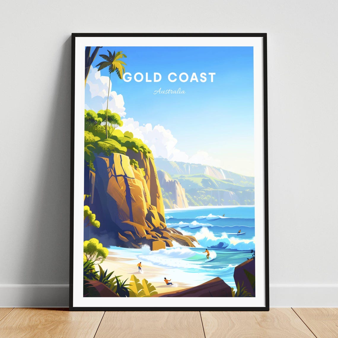 Gold Coast Australia Surf Beach Cliffs Surfers Sunset Travel Poster