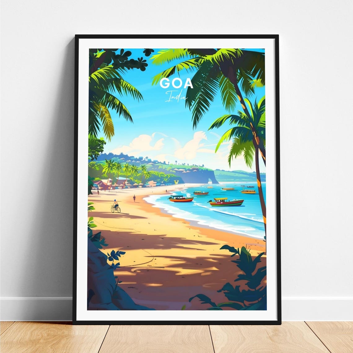 Goa India Tropical Beach with Palm Trees and Boats Travel Poster