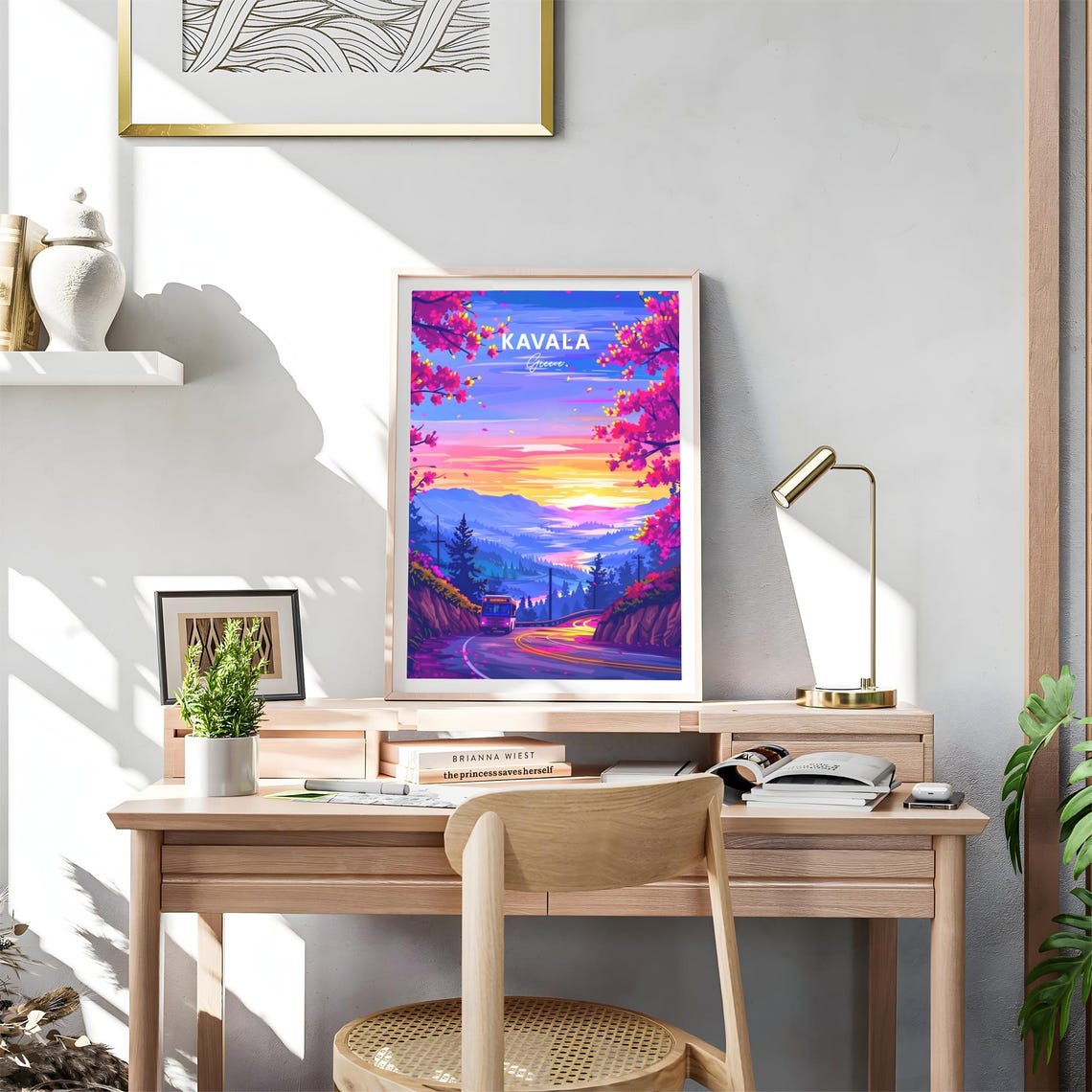 Kavala Greece Sunset Mountain Road Bus Pink Blossom Travel Poster - Image 4