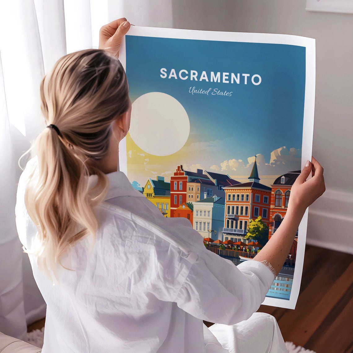 Sacramento Waterfront Buildings With Canoe Paddler Day Poster - Image 3