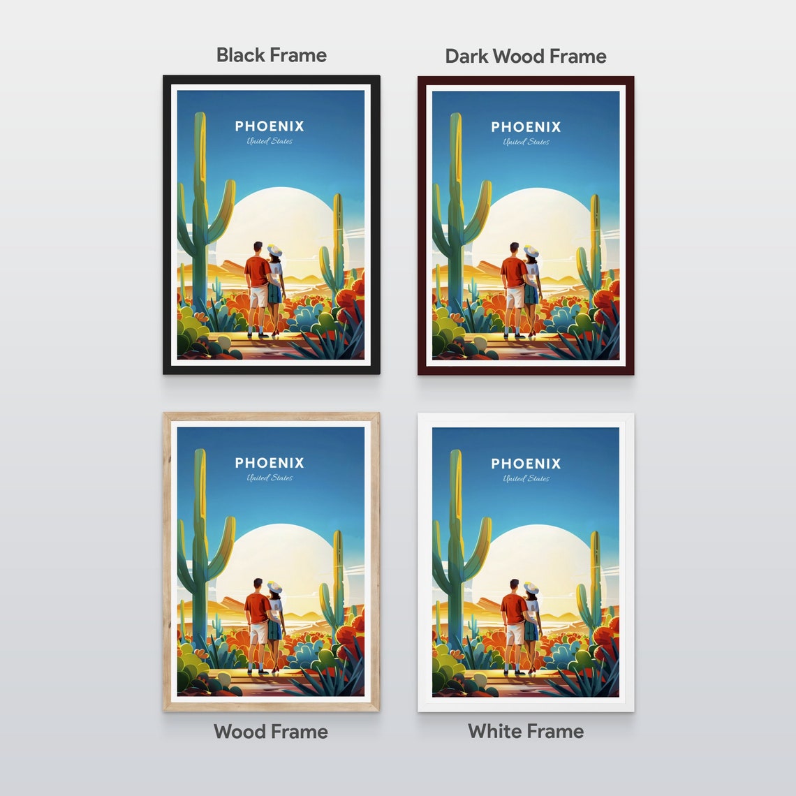 Phoenix Arizona Desert Saguaro Cactus Sunset Couple Travel Poster - Image 2