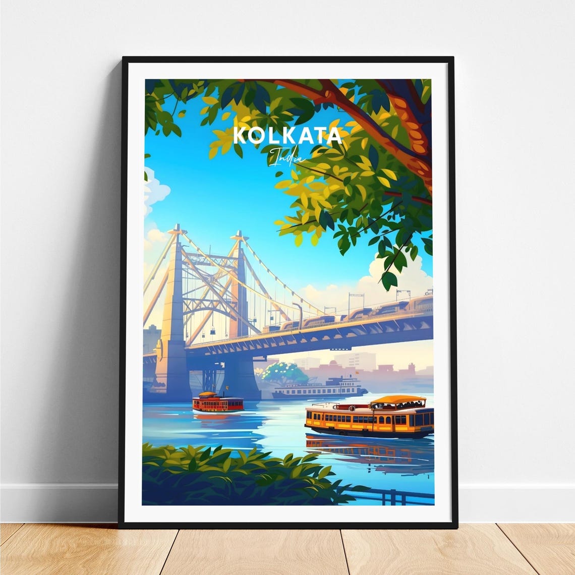 Kolkata India River Bridge with Colorful Ferries Travel Poster