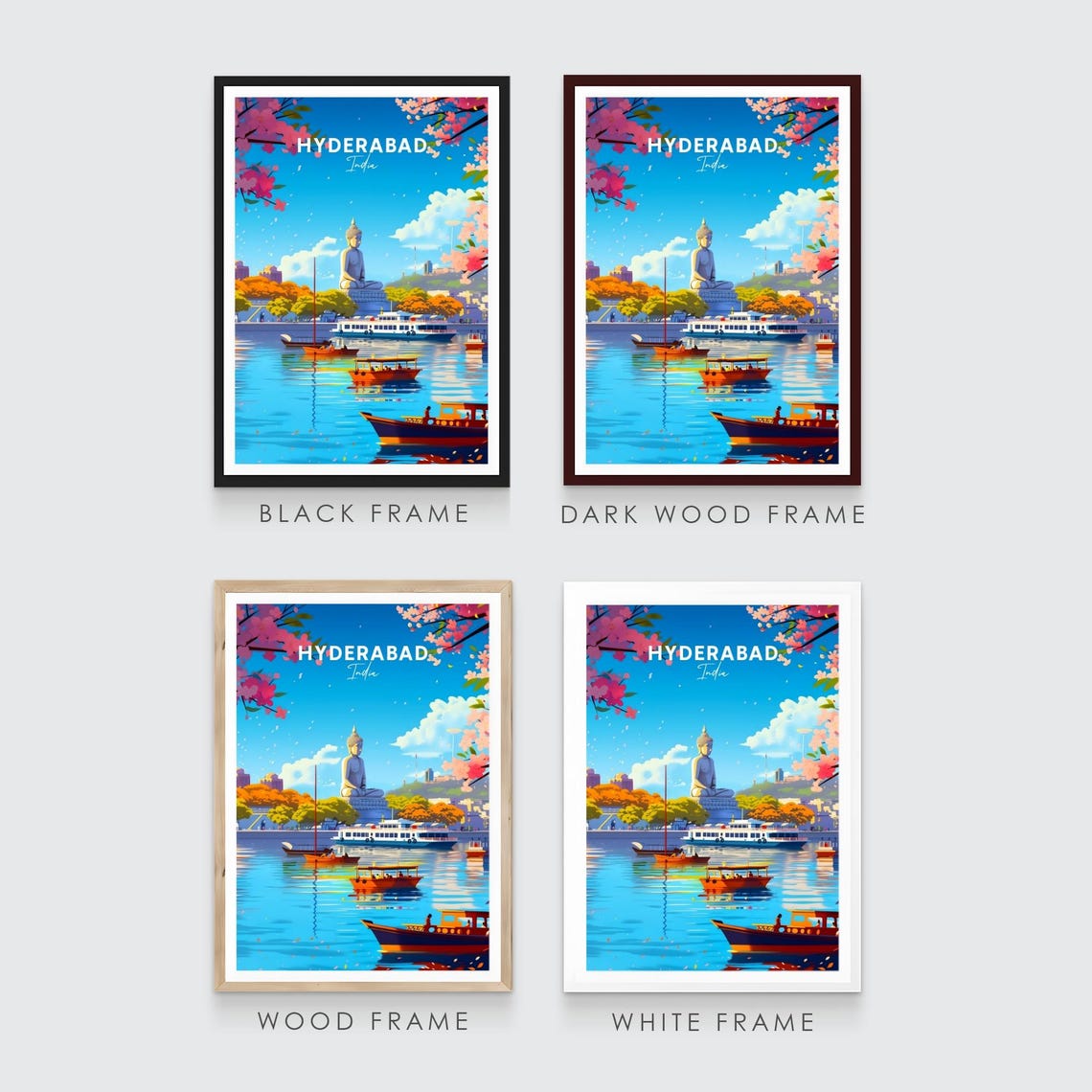 Hyderabad India Lakeside Buddha Statue Boats Scene Travel Poster - Image 3