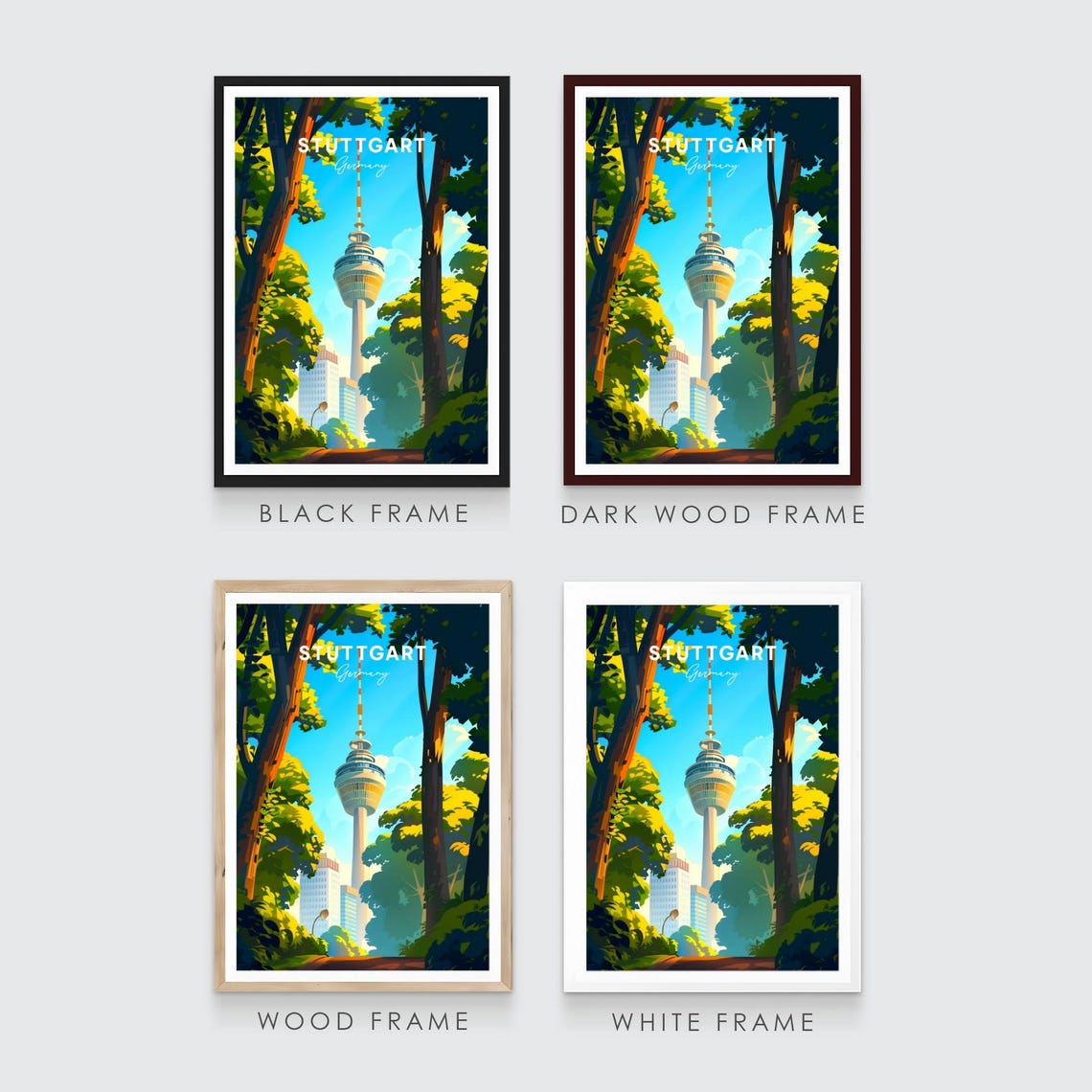 Stuttgart Skyline TV Tower Forest Trees Germany Travel Poster - Image 3