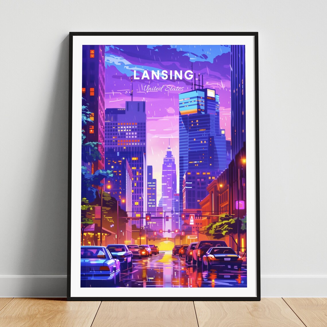 Lansing Rainy Neon City Street Dusk Purple Lights Travel Poster