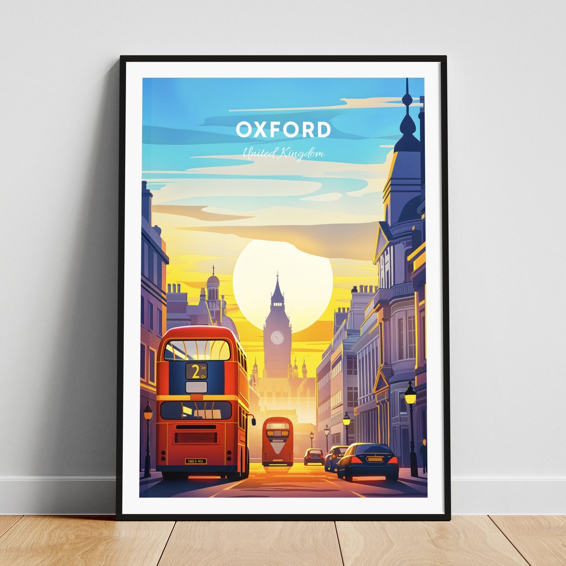 Oxford Red Double Decker Bus Street Landmark Sunset Travel Poster
