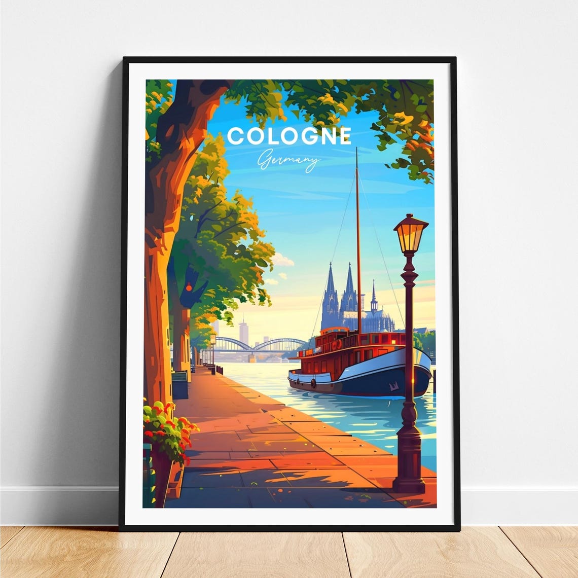 Cologne Evening River Promenade Sunset Boat Germany Travel Poster