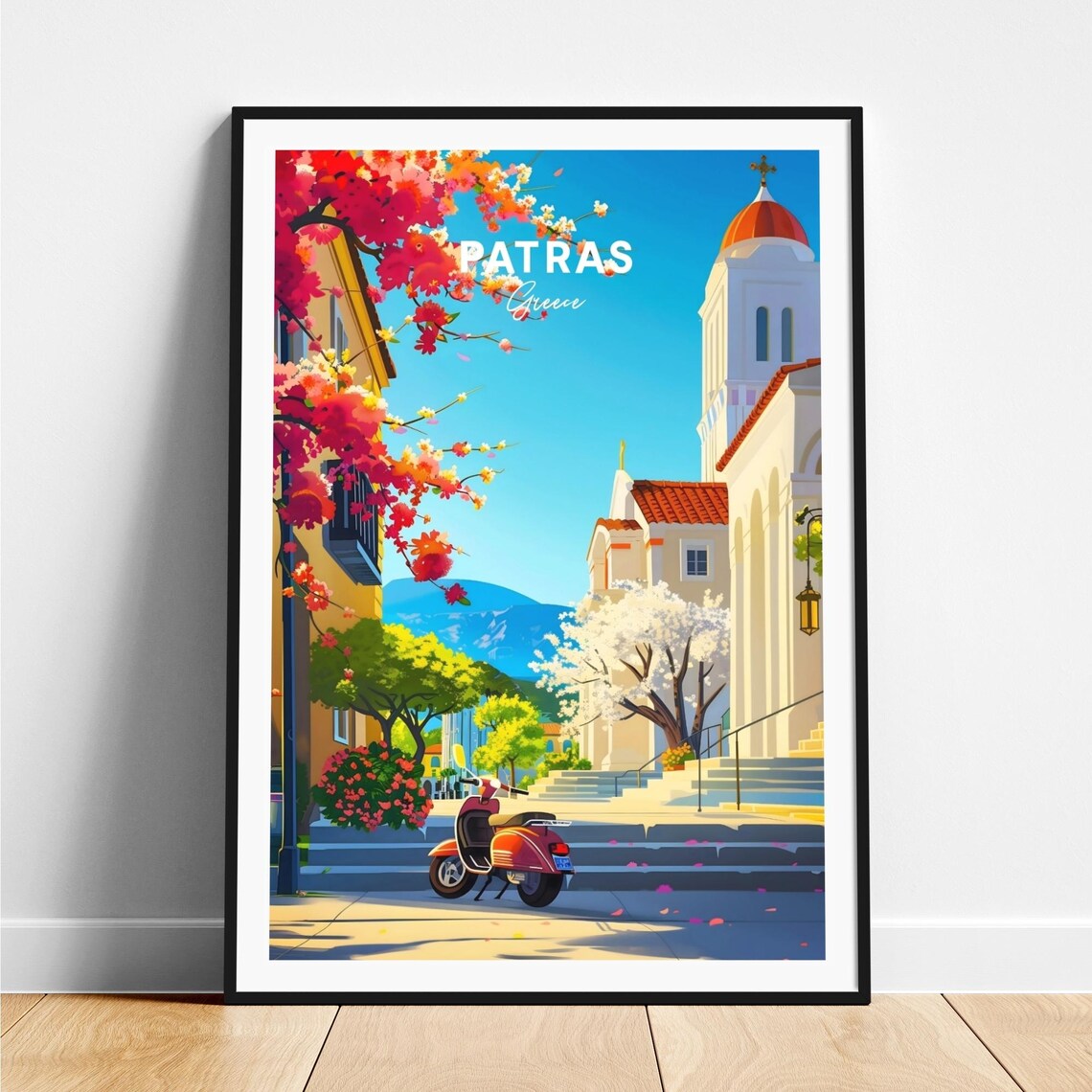 Patras Greece Church Street Red Scooter Spring Flower Travel Poster