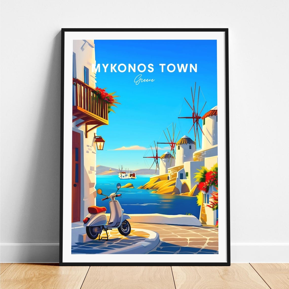 Mykonos Town Greece Windmills Scooter Blue Sea Travel Poster