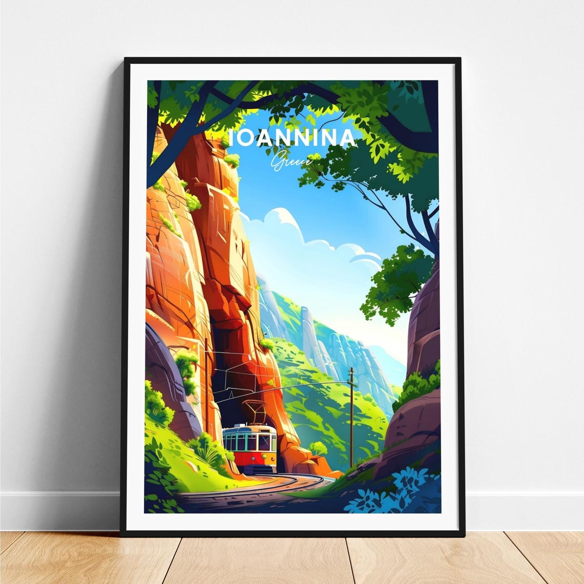 Ioannina Greece Vintage Tram Rolling Through a Rocky Gorge Poster
