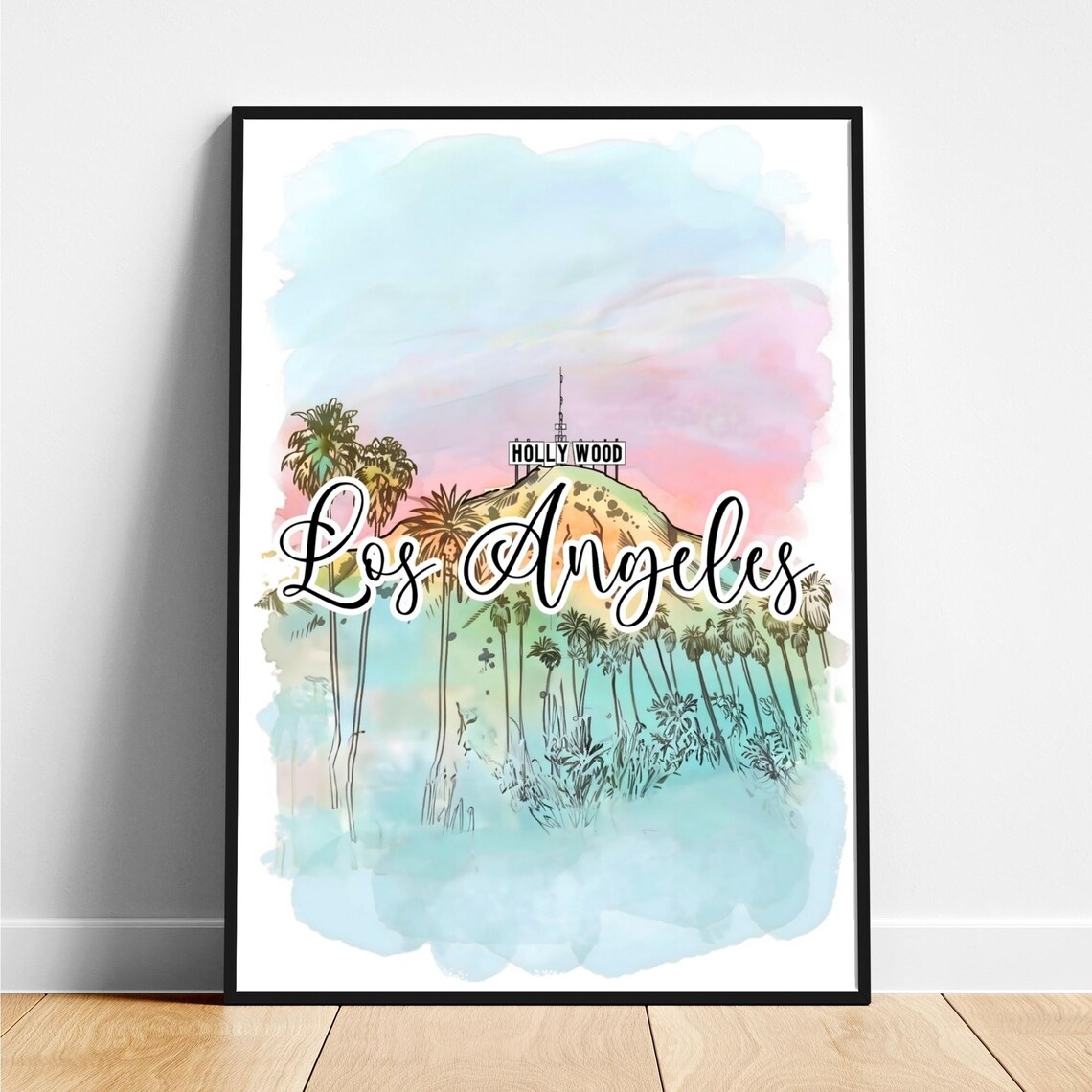 Los Angeles Hollywood Sign Palm Trees Watercolor Travel Poster