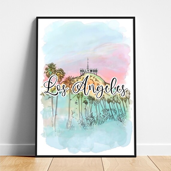 Los Angeles Hollywood Sign Palm Trees Watercolor Travel Poster