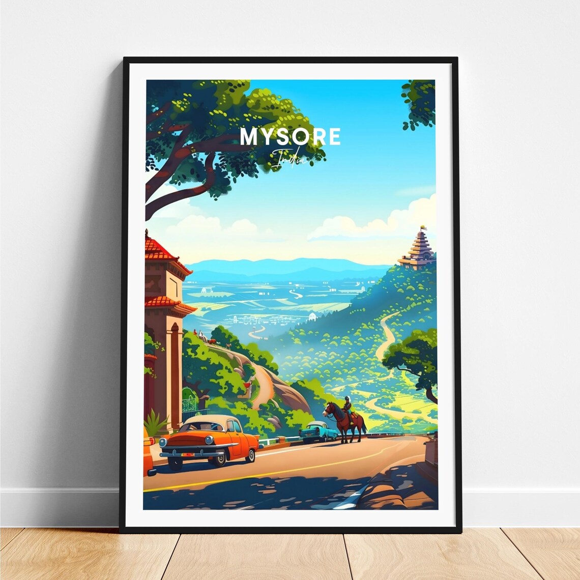 Mysore Hilltop Viewpoint Vintage Cars Horse India Travel Poster