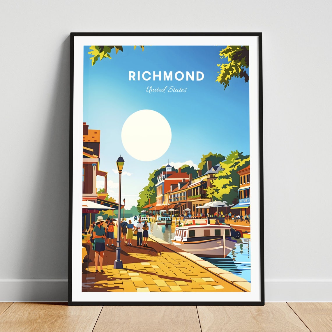 Richmond Canal Waterfront Cobblestone Street Sunny Day Travel Poster