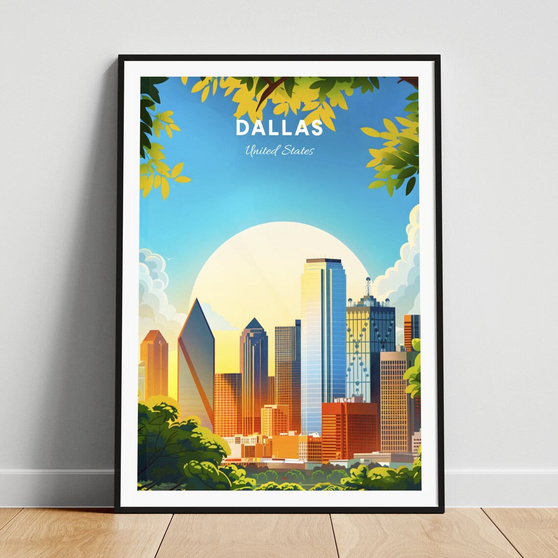 Dallas Daytime Skyline Framed by Green Trees in Golden Light Poster