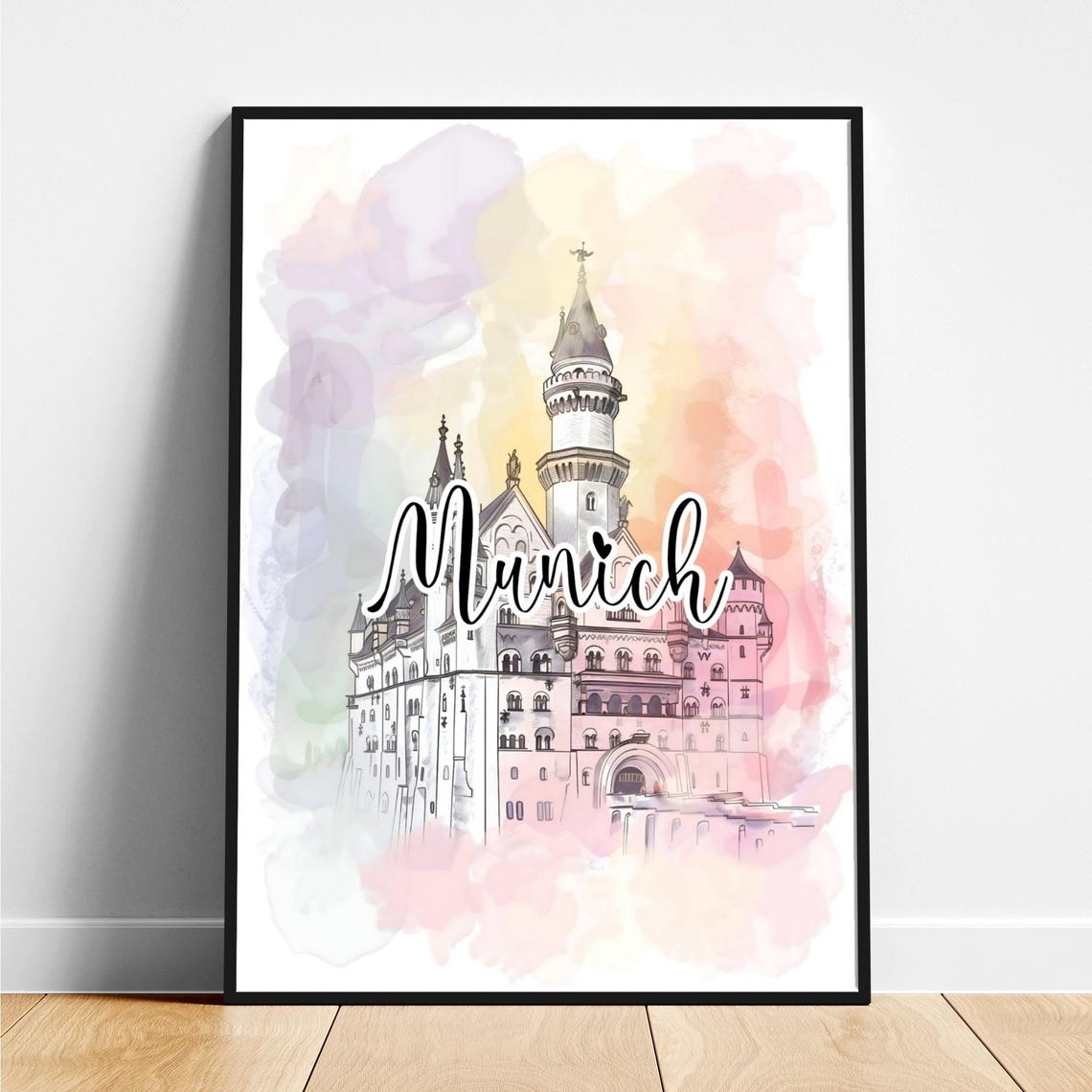 Munich Germany Watercolor Fairy Tale Castle Script Art Travel Poster
