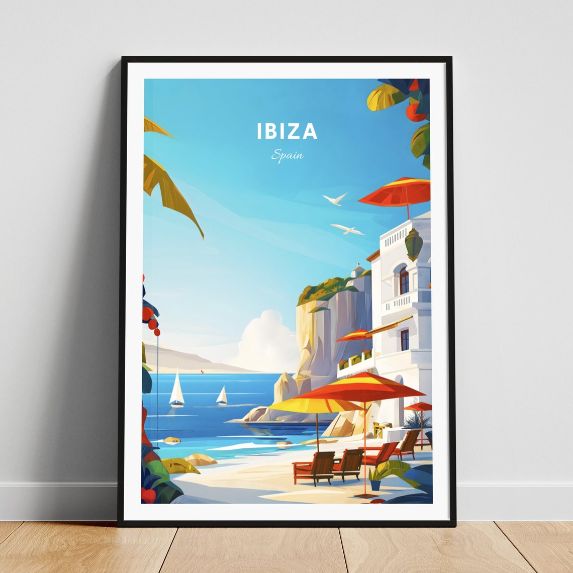 Ibiza Spain Beachfront Umbrellas Sailboats Cliff Resort Poster