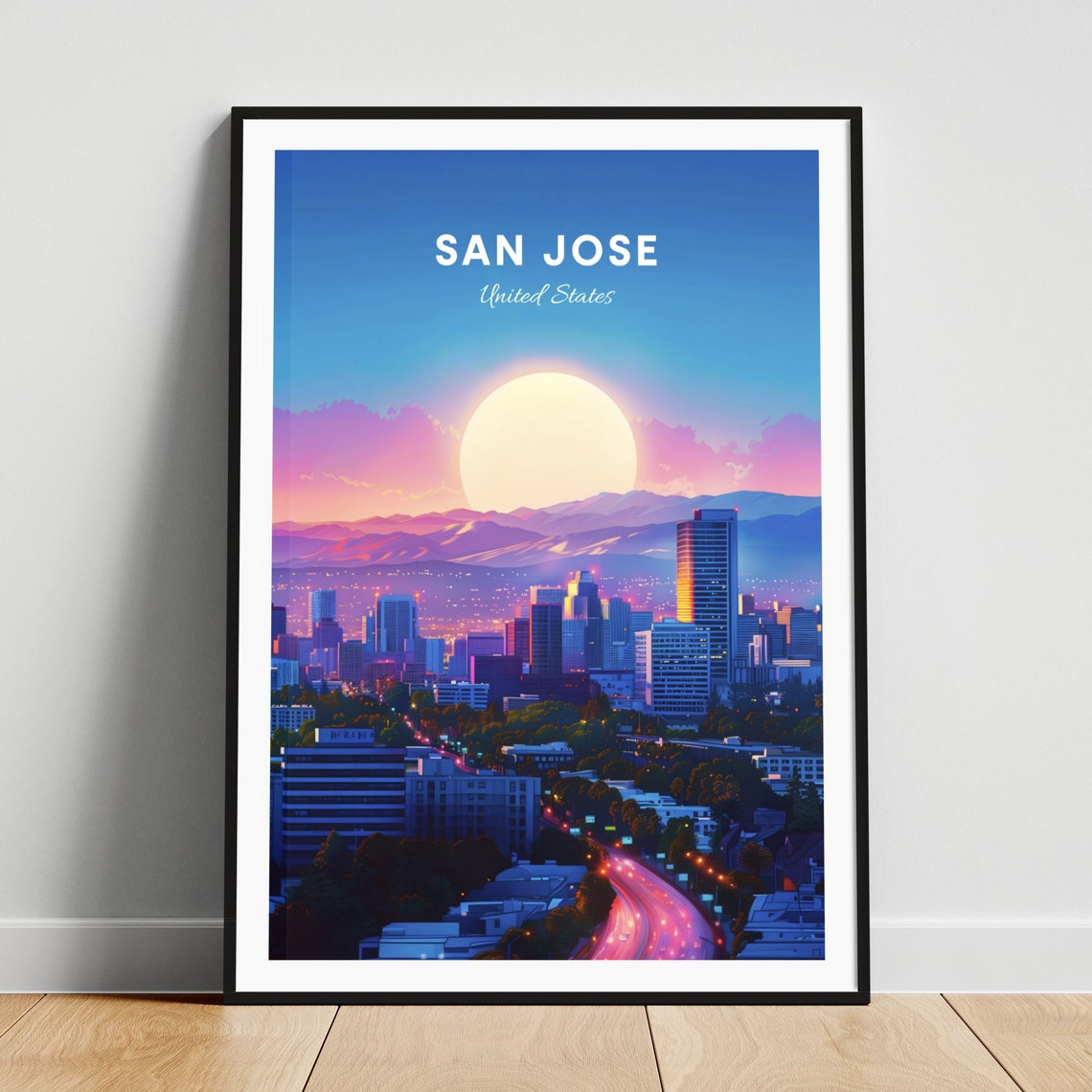 San Jose Sunset Skyline Mountains Glowing Golden Travel Poster