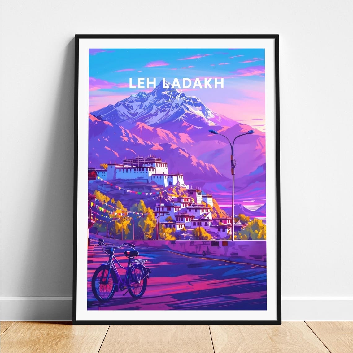 Leh Ladakh India Hilltop Palace Prayer Flags Dusk Peak Travel Poster