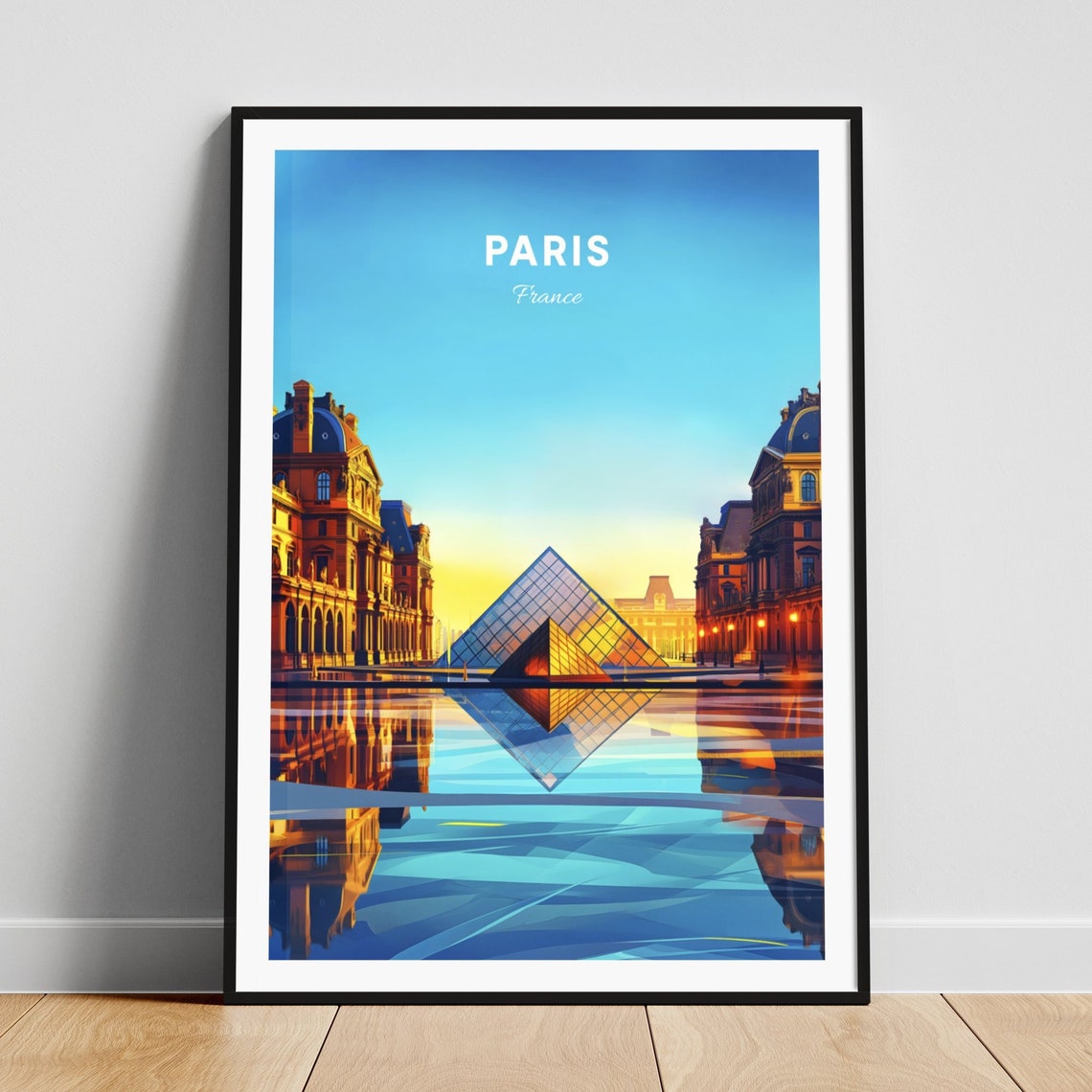 Paris Louvre Pyramid Golden Sunset Mirror Reflection Vintage Poster