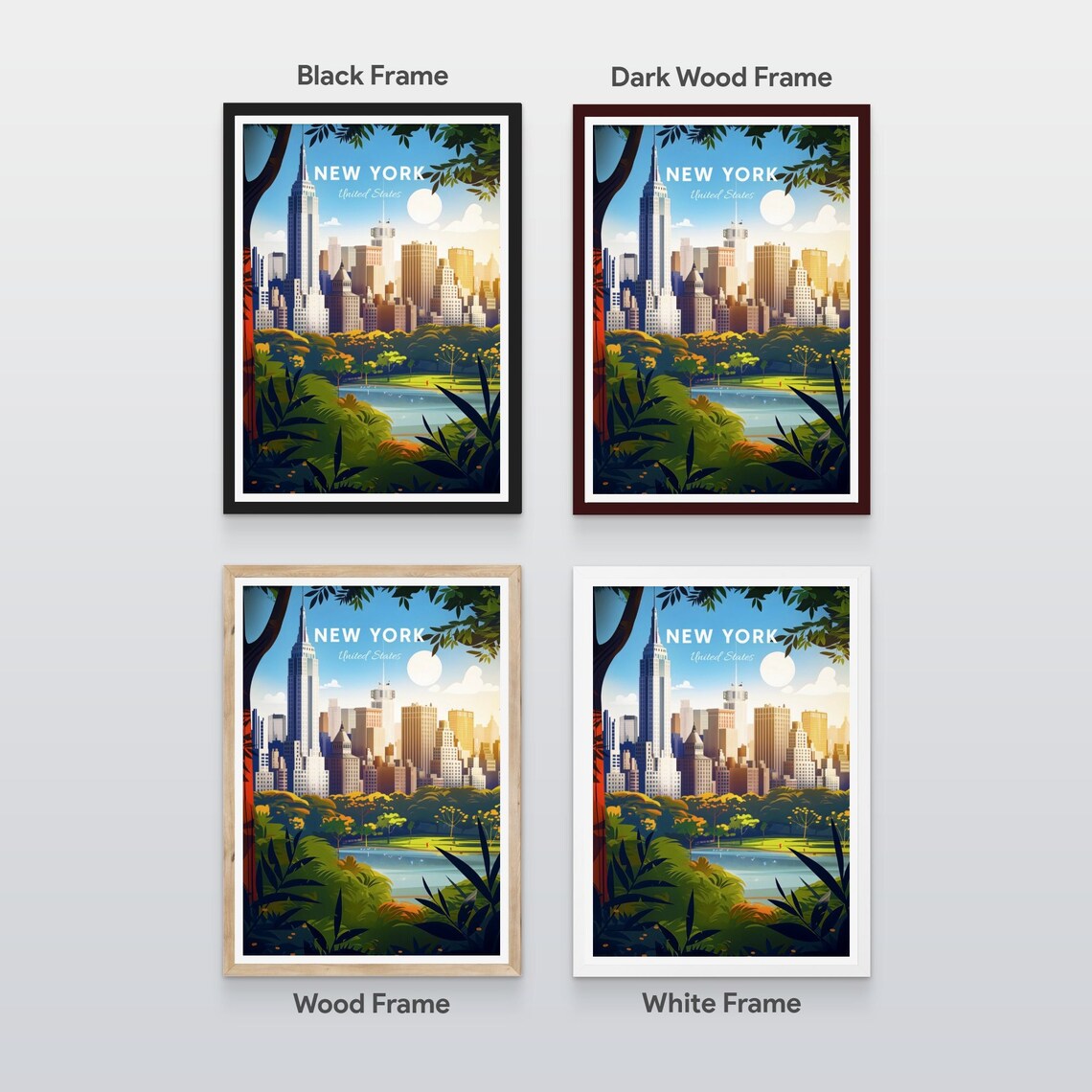 New York Manhattan Skyline From Central Park Lake Vintage Travel Poster - Image 2
