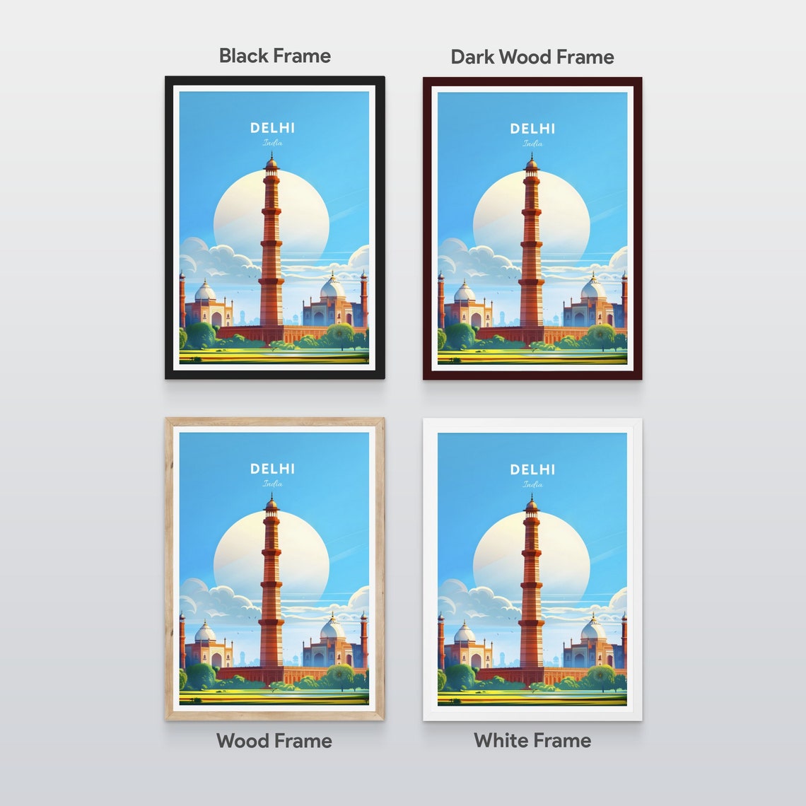 Delhi Qutub Minar Tower Domes Big Sun City Skyline Travel Poster - Image 2