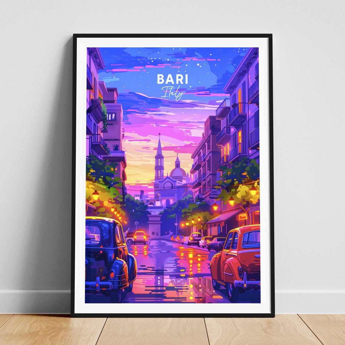 Bari Italy Rainy Night Street Reflections Church View Travel Poster