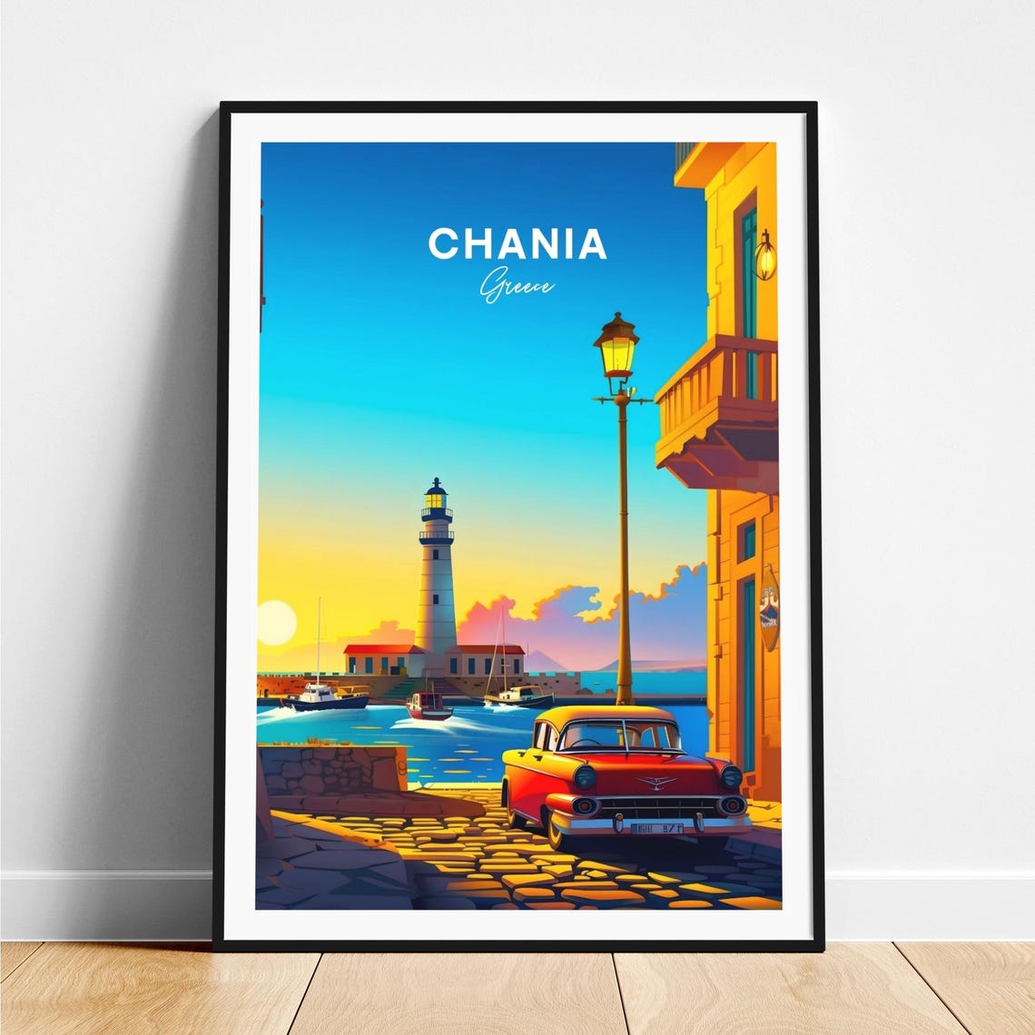 Chania Greece Harbor Lighthouse at Sunset with Red Vintage Car Poster