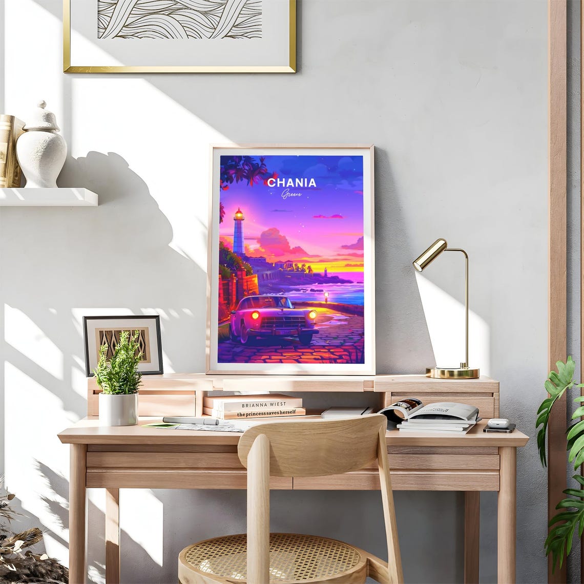 Chania Greece Lighthouse Classic Car Sunset Harbor Travel Poster - Image 4