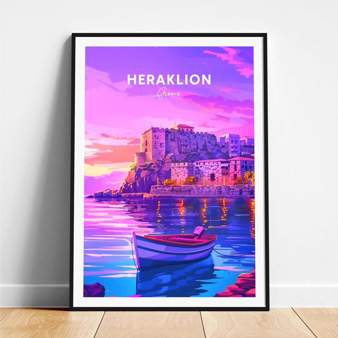 Heraklion Greece Fortress Harbor Sunset Boat Neon Travel Poster