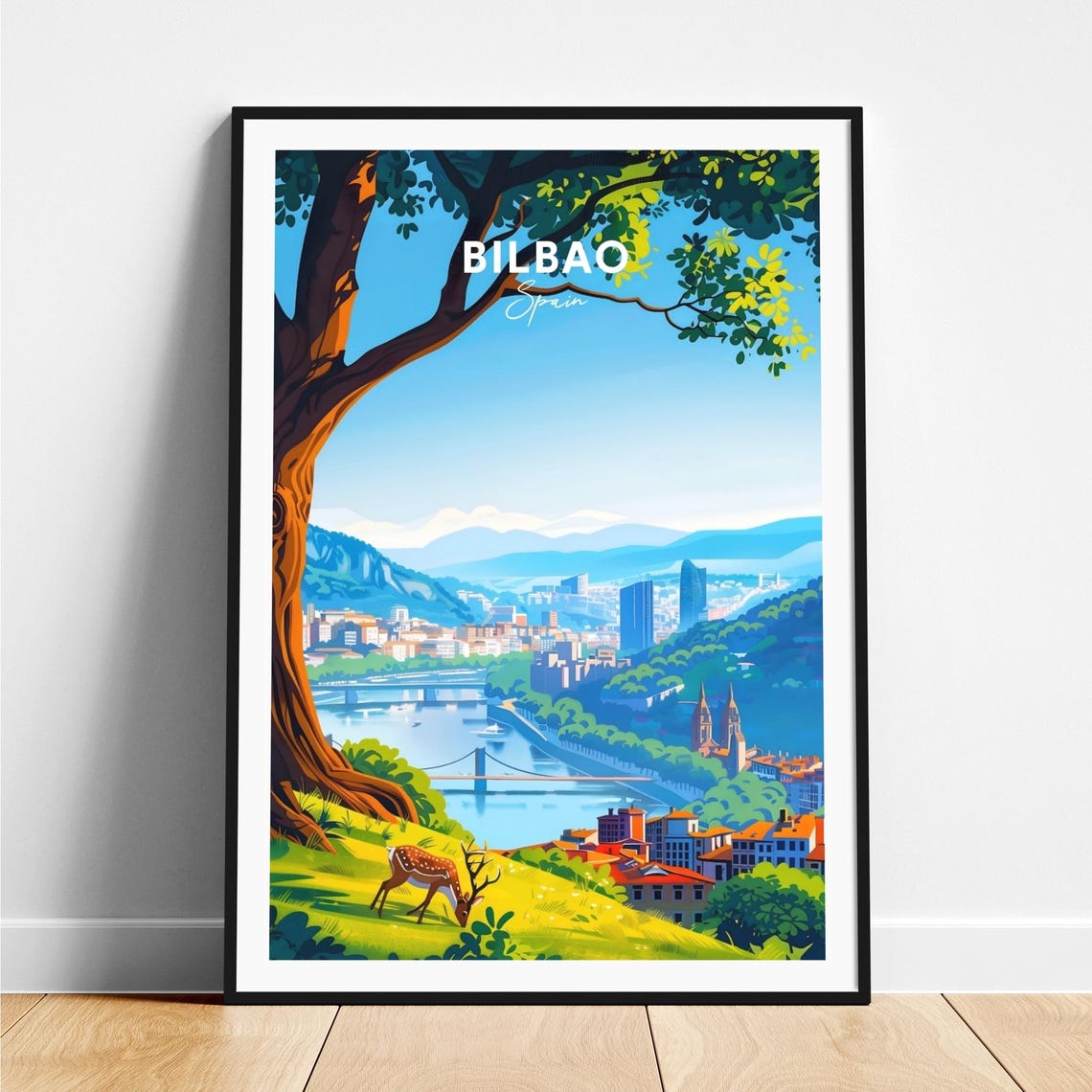 Bilbao River Valley City Panorama Tree Deer Grazing Hill Travel Poster