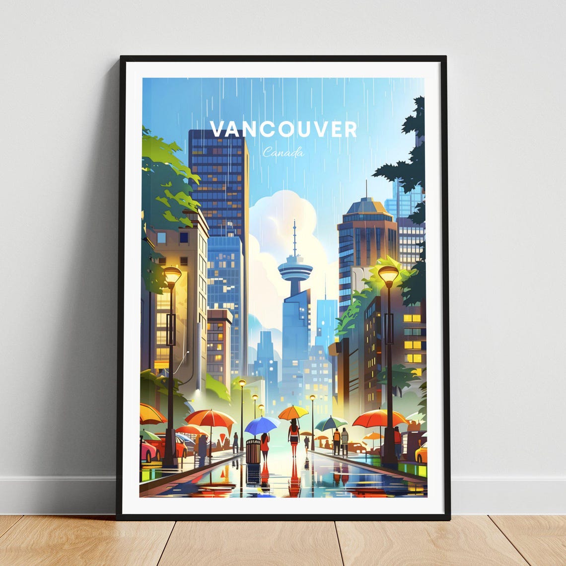 Vancouver Canada Rainy Street with Umbrellas Night Glow Poster