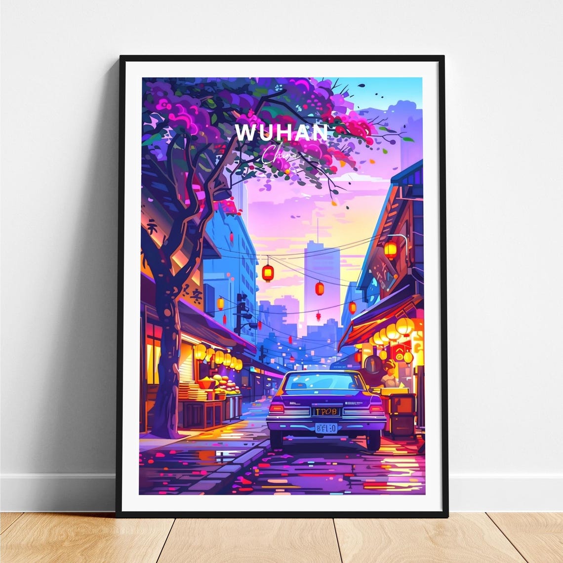 Wuhan China Lantern Lit Night Street Vintage Car Scene Poster
