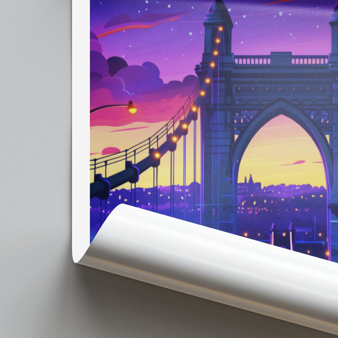 Saint Paul Stone Suspension Bridge at Night Purple Sky Poster - Image 2