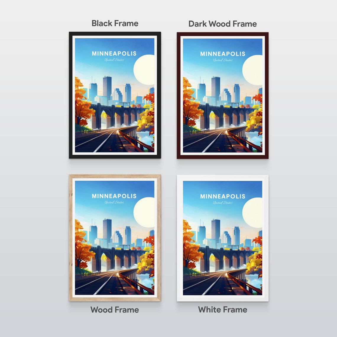 Minneapolis Minnesota Autumn Rail Bridge River Scene Travel Poster - Image 2