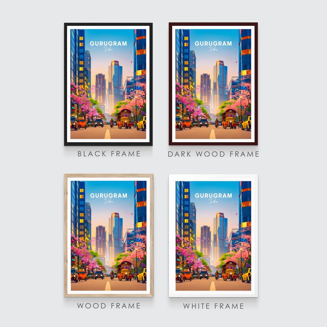 Gurugram India Modern Glass Skyscraper Street Tuk Tuks Travel Poster - Image 3