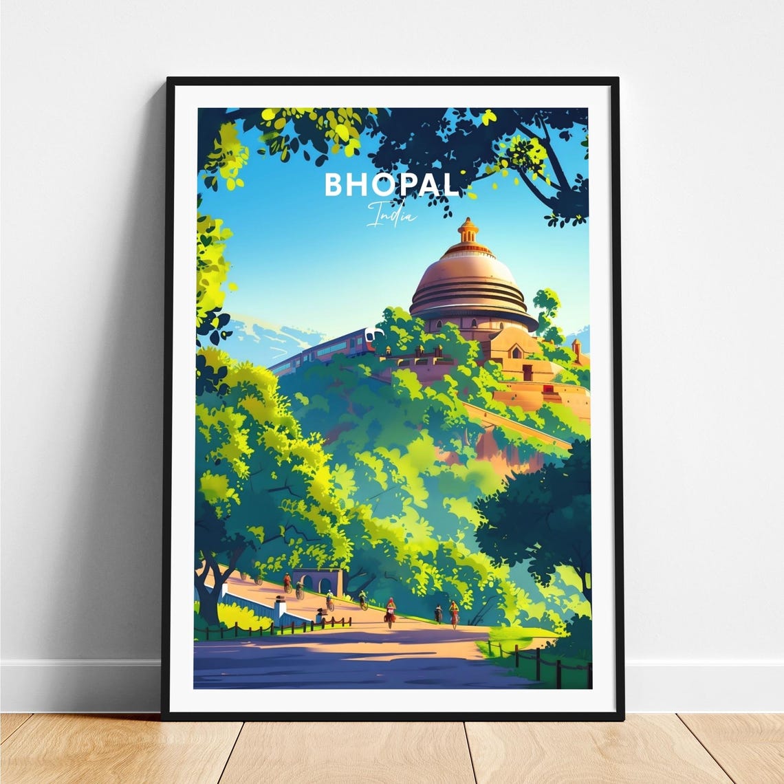 Bhopal India Hilltop Stupa with Cyclists and Green Trees Poster