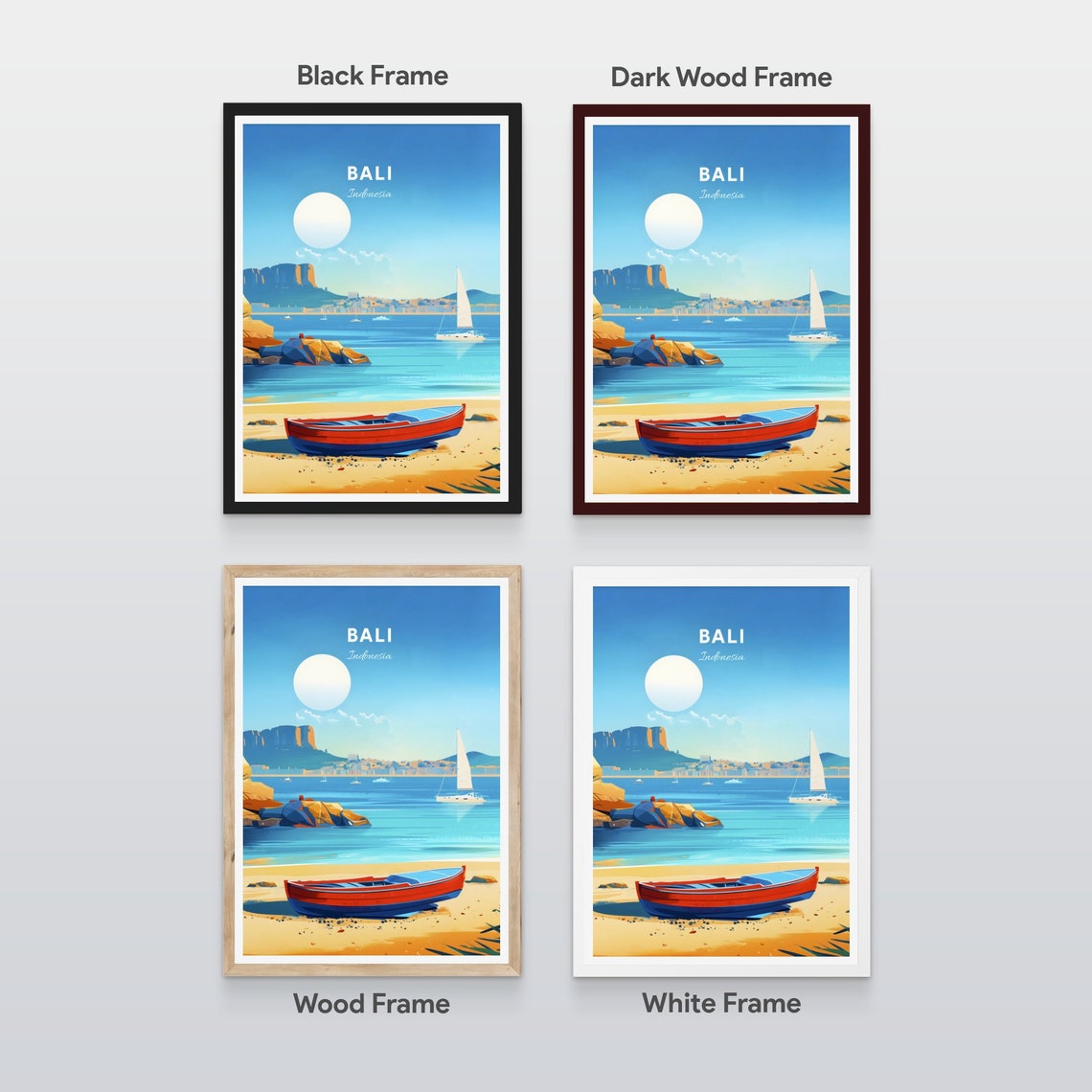 Bali Indonesia Sandy Beach Red Boat Sailboat Coast View Poster - Image 2