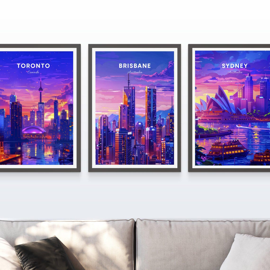 Brisbane Australia Twilight Skyline Neon City Lights Art Poster - Image 3