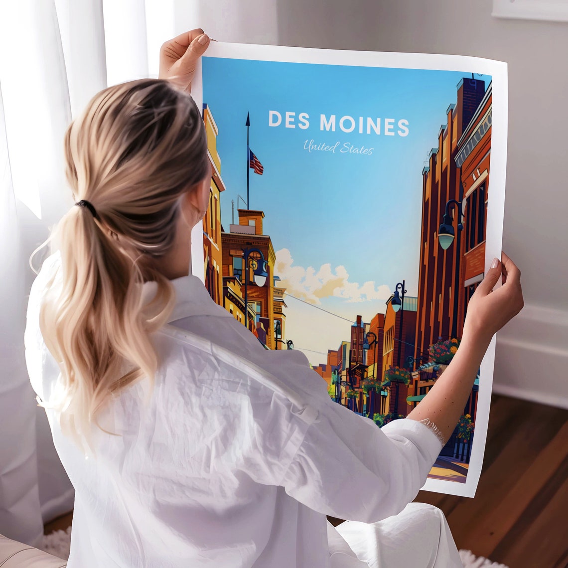 Des Moines Historic Brick Street With American Flag View Travel Poster - Image 3