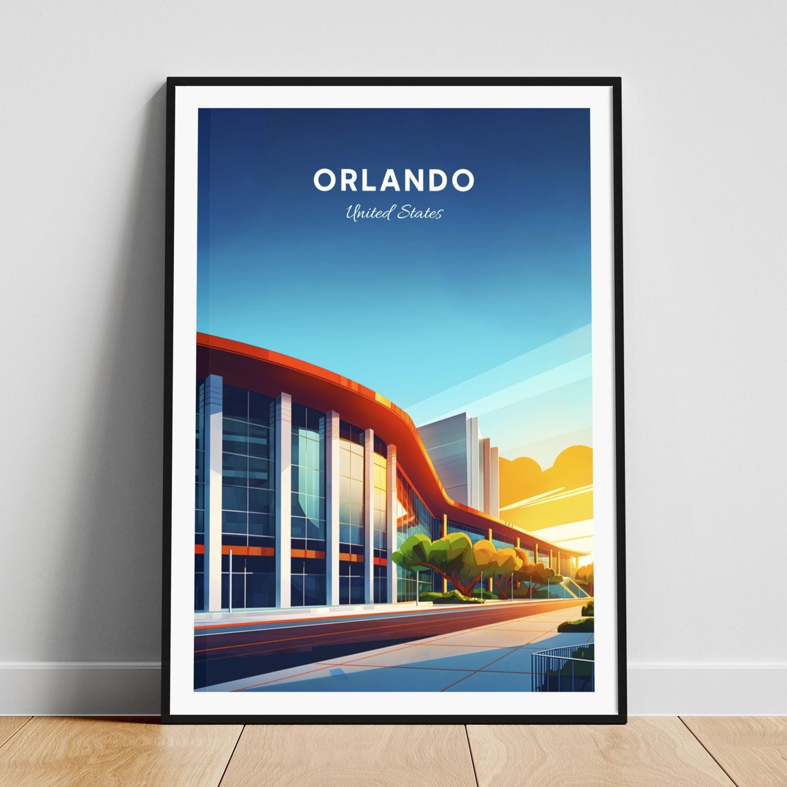 Orlando Modern Arena Curved Roof Sunset Glow Vintage Travel Poster