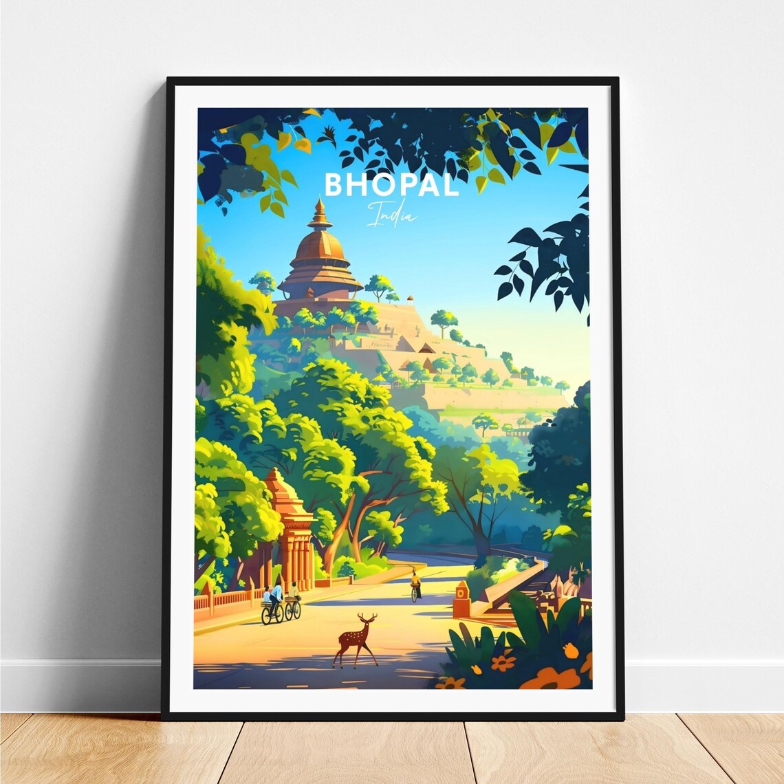 Bhopal Hilltop Temple Forest Road India Vintage Travel Poster