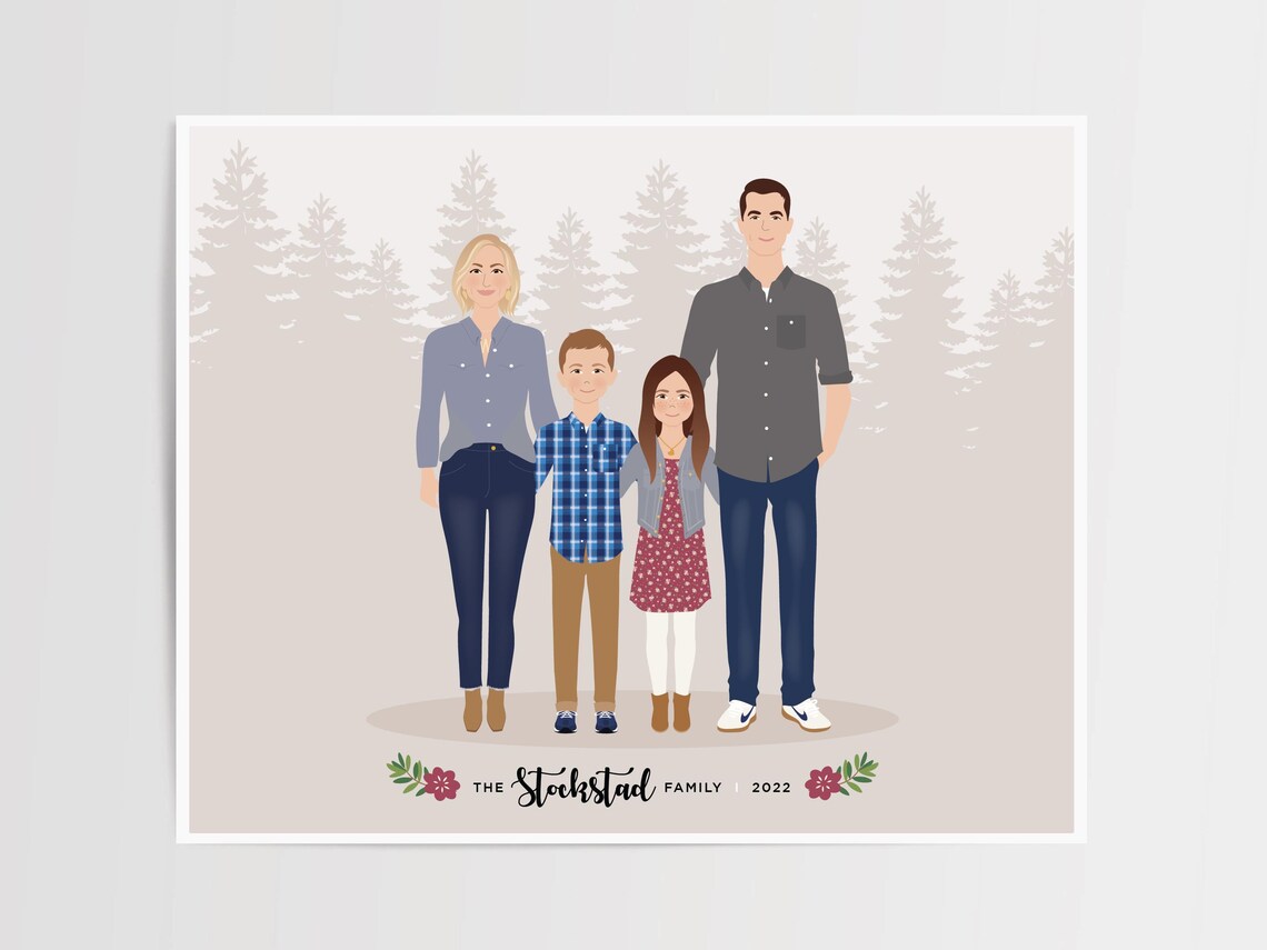 Modern Flat Family Portrait Illustration Four Person Gift Poster