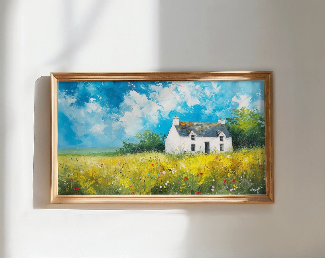 Bright White Cottage Yellow Wildflower Field Sunny Spring Poster