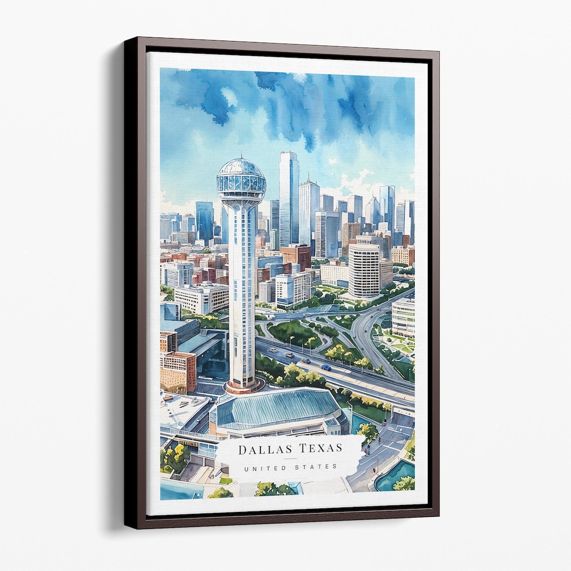 Dallas Texas Skyline City Reunion Tower Watercolor Travel Poster