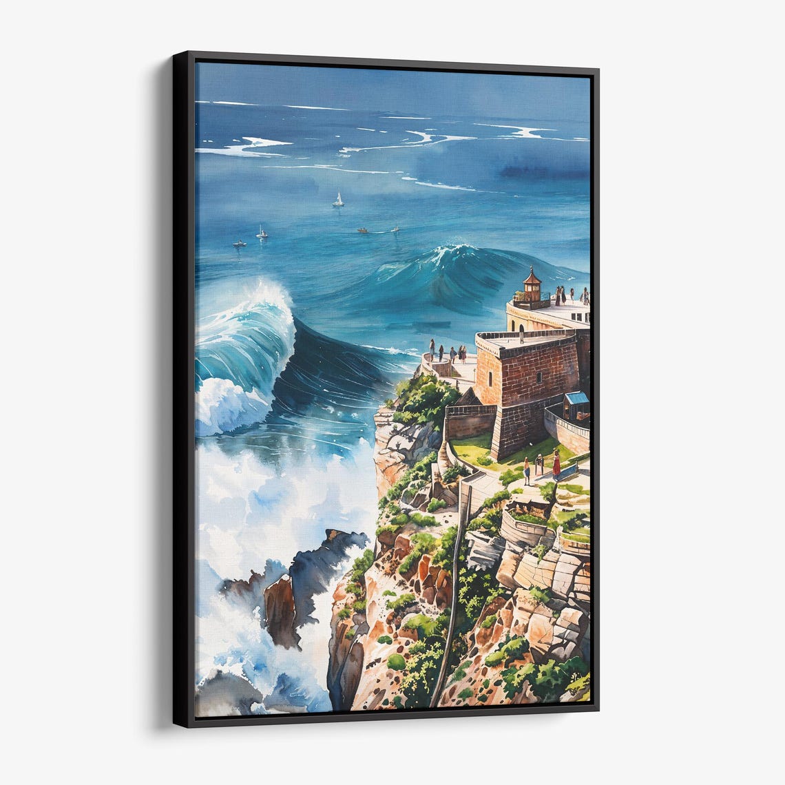 Giant Ocean Wave Cliff Fort Watercolor Surf Coastal Art Poster