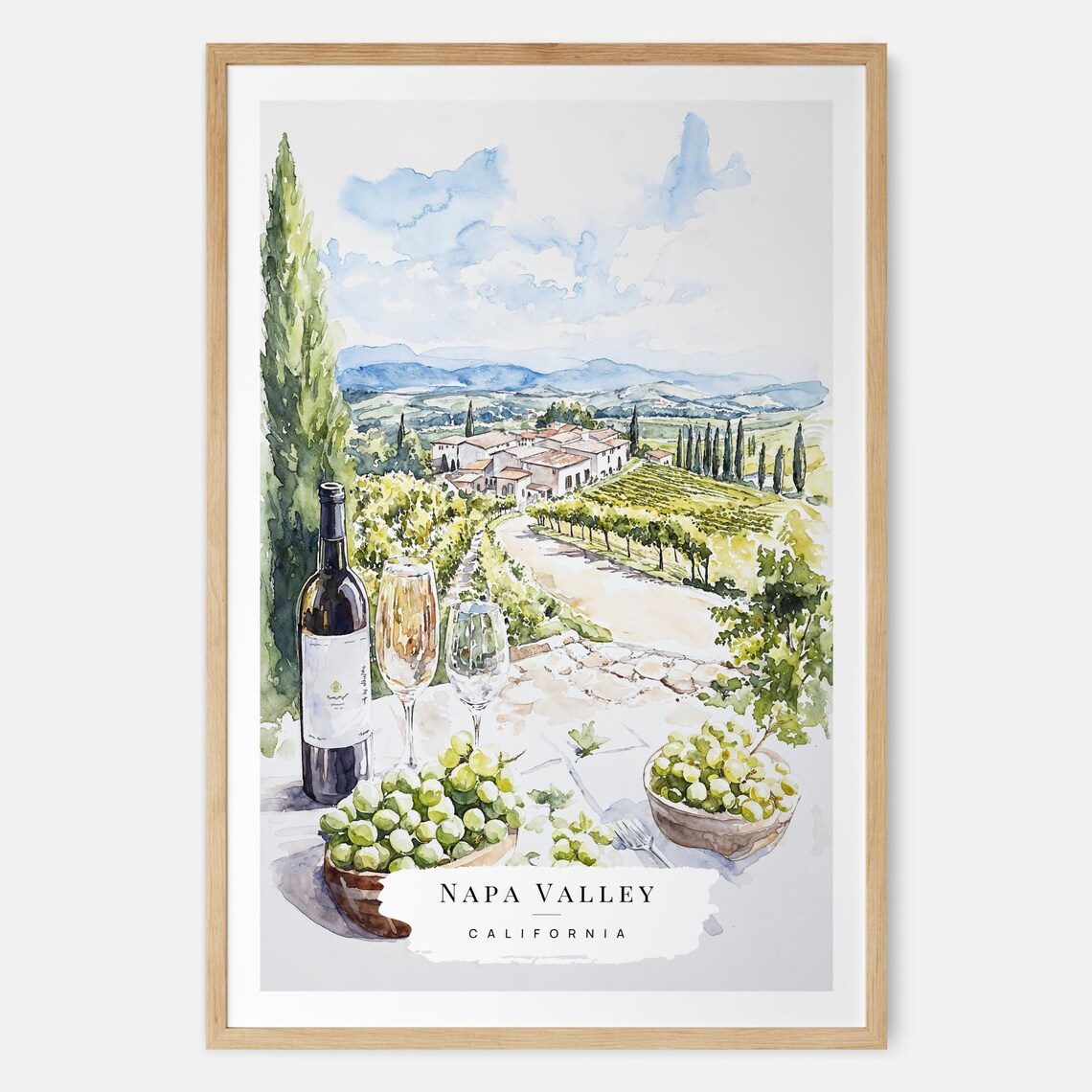 Napa Valley California Vineyard Watercolor Poster Wine Country Art