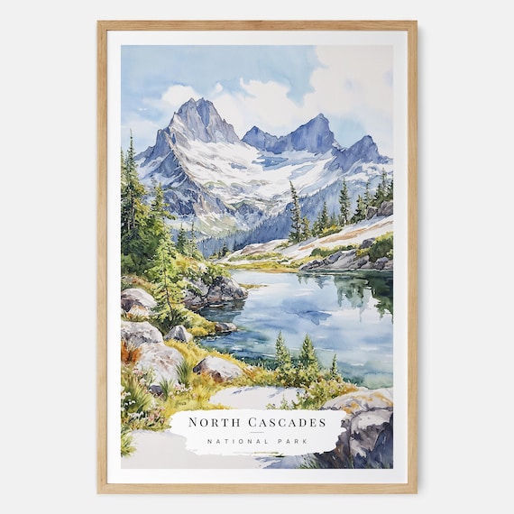North Cascades National Park Alpine Lake Snowy Peaks Watercolor Poster