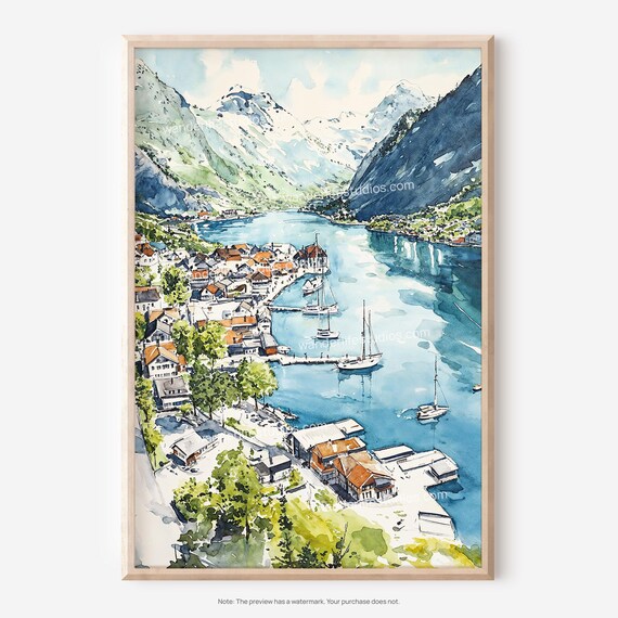 Hallstatt Village Alpine Lake Watercolor Austrian Travel Poster