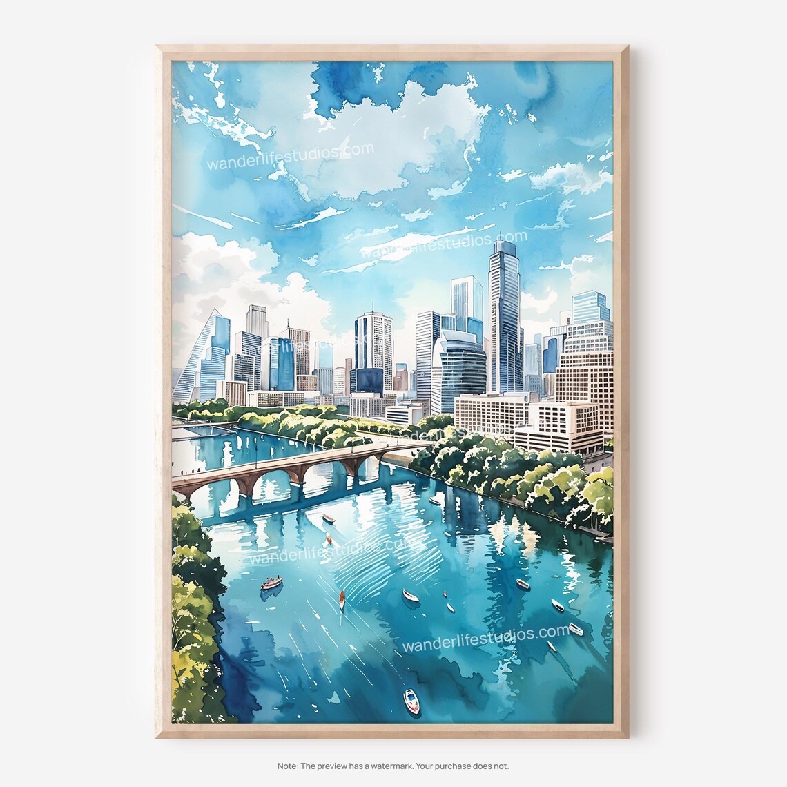 Austin Texas Skyline Watercolor Poster Over Lady Bird Lake With Kayaks